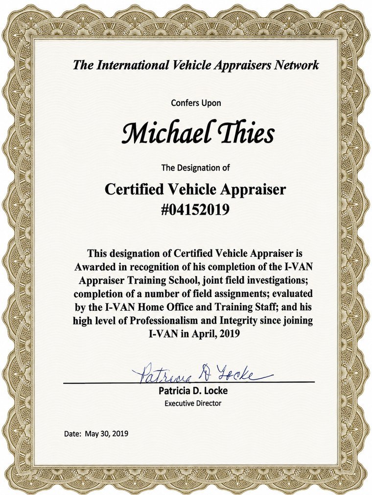 Certified Vehicle Appraiser Certificate awarded to Michael Thies by the International Vehicle Appraisers Network (I-VAN).